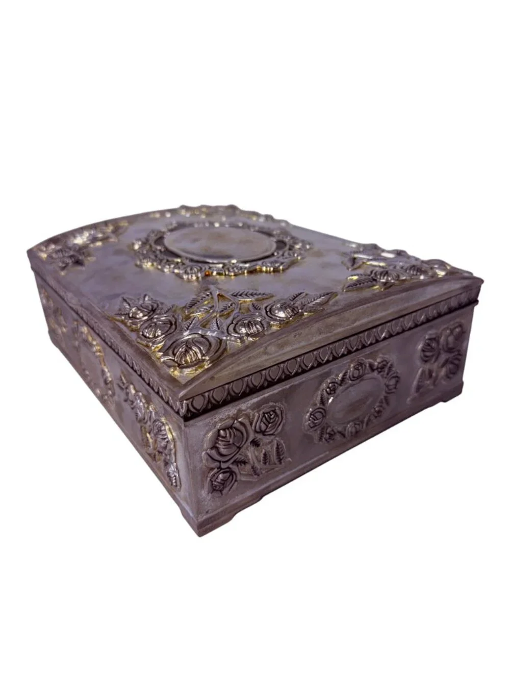 Vintage Godinger Silver‎ Plate Jewelry Box with Roses and Red Velvet Interior